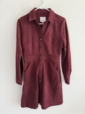 NWT A Loves A Faux Suede Burgundy Button-Front Shirt Dress